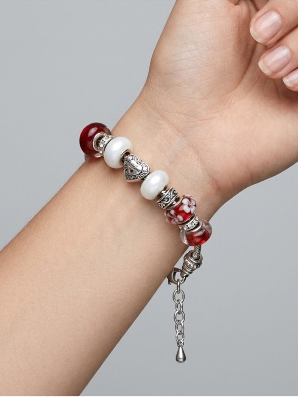 Vintage 925 Sterling Silver IBB Thailand Mom Charm Bracelet – Deep Red & Floral